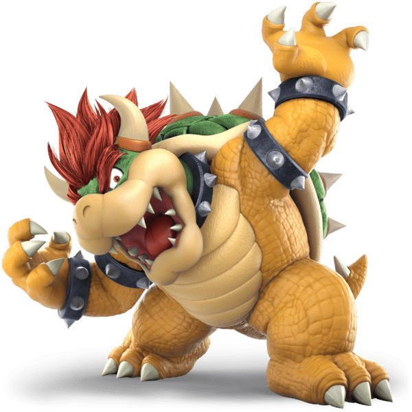 A cartoon turtle-like character with orange skin, red hair, a green spiked shell, and spiked wristbands stands in a dynamic pose with an open mouth, exuding energy and attitude.