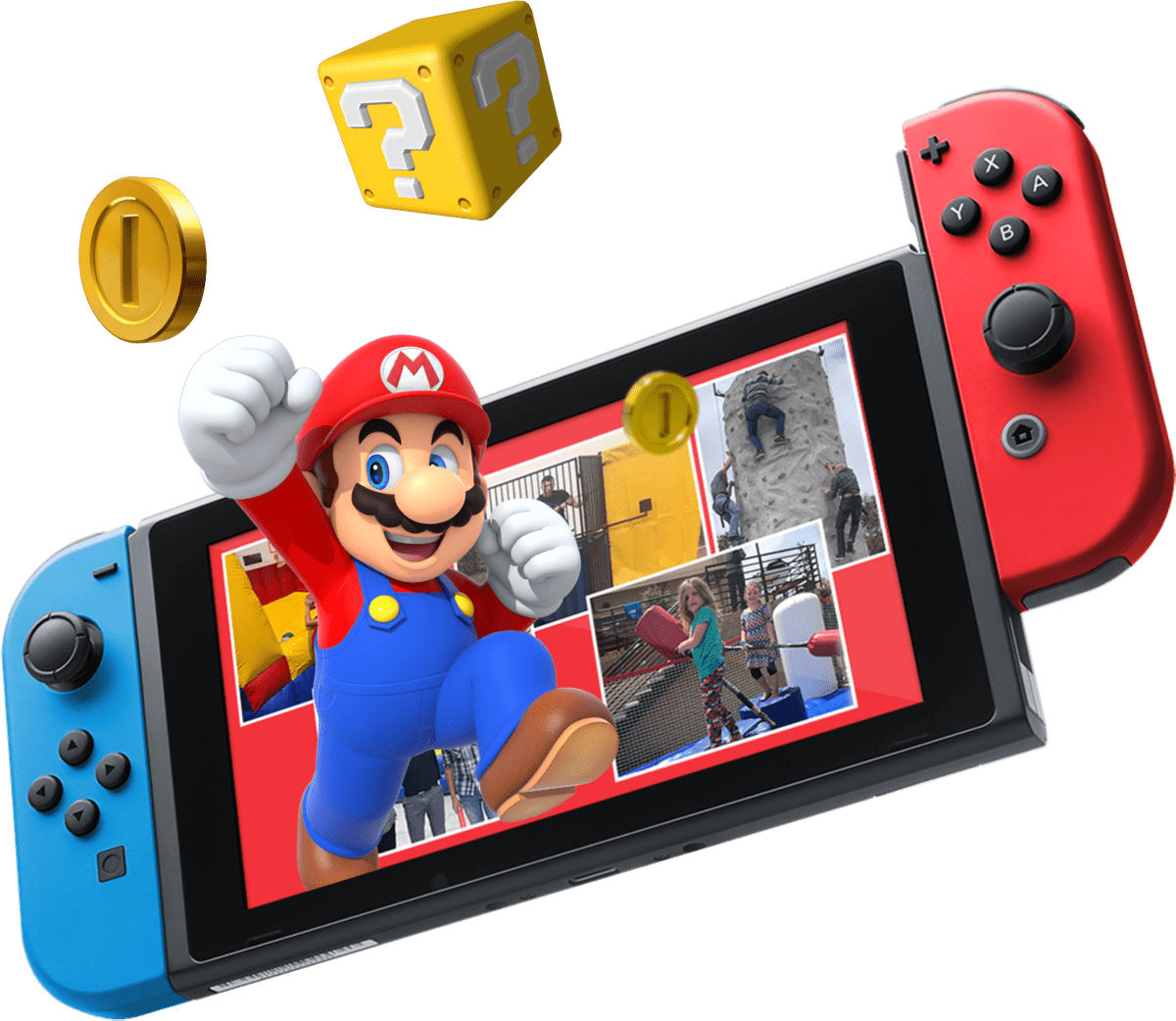 Image of a Nintendo Switch displaying Mario in front of game scenes. Coins and a question mark box float around the console, accentuating its vibrant blue and red Joy-Con controllers.