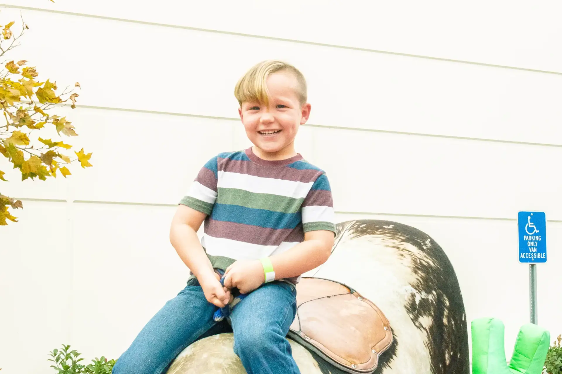 A young boy with blond hair sits smiling on a large statue or ride, wearing a striped shirt and jeans. A small tree and an accessible parking sign are visible in the background, shaded by nearby greenery.