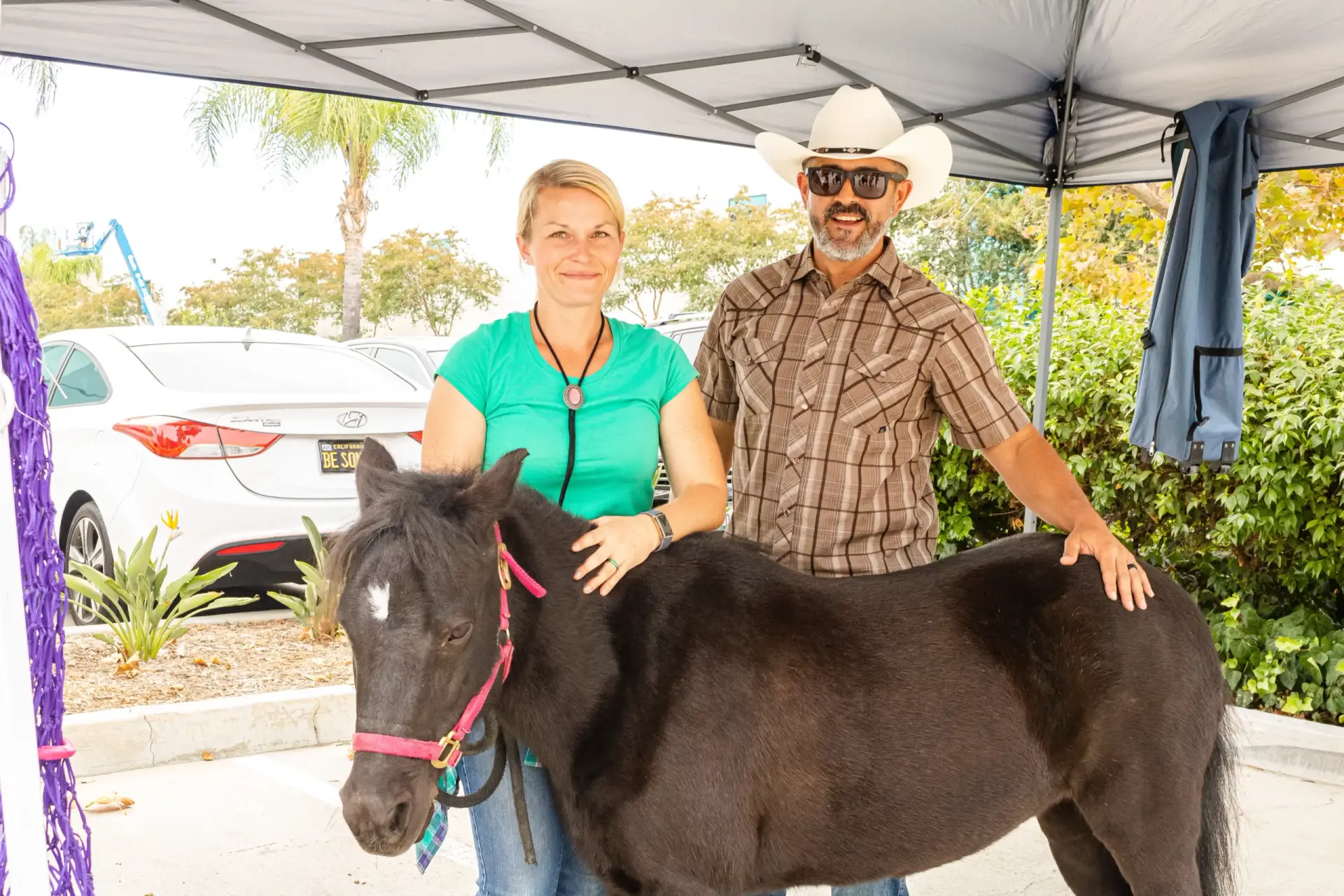 A woman and a man, both smiling, stand next to a black pony under an outdoor canopy. The man wears a cowboy hat and sunglasses. A car and greenery are visible in the background, creating a charming countryside scene.