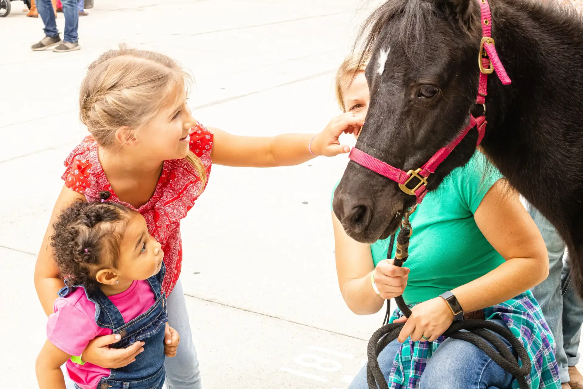 A young girl gently pets a black pony while standing beside a woman holding the pony's bridle, as a curious toddler watches nearby.